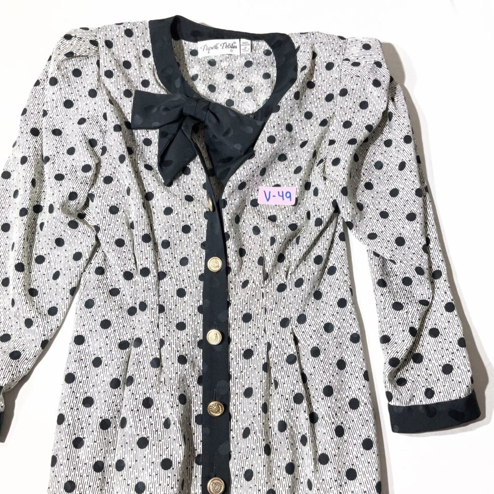 Vintage-Inspired Black & White Polka Dot Midi Dress With Gold Buttons & Bow Deta - Picture 15 of 15